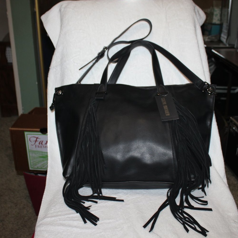 STREVE MADDEN BLACK PURSE  LEATHER FRINGES  NWT